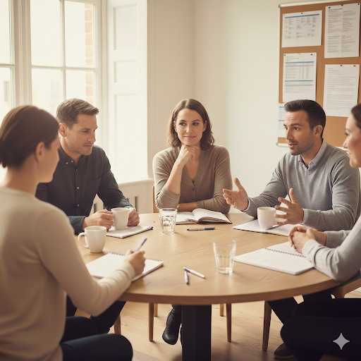 Fünf Personen, zwei Männer und drei Frauen, sitzen an einem runden Tisch bei einem Elternstammtisch. Während ein Mann spricht, hören die anderen aufmerksam zu oder machen sich Notizen.