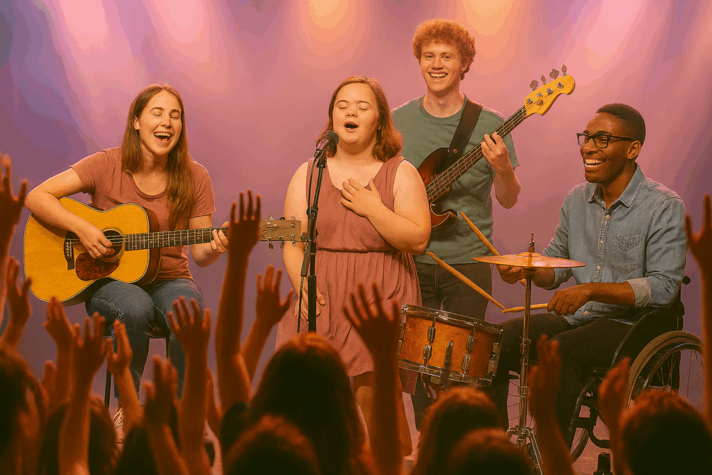Eine Gruppe junger Musiker spielt auf einer Bühne in einer Halle.
Instrumente: Akustikgitarre, Bassgitarre und Schlagzeug.
Eine Person sitzt im Rollstuhl und spielt Schlagzeug, was die inklusive Atmosphäre betont.
Die Beleuchtung ist in frischen, romantischen Farben wie Pink, Orange und Violett gehalten, was eine warme, träumerische Stimmung erzeugt.
Im Vordergrund sind Hände des Publikums zu sehen, die Begeisterung ausdrücken.