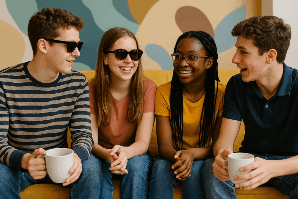 Mehrere Kinder, etwa 14 Jahre alt, sitzen in einem Halbkreis. Einige halten Tassen in der Hand, einige tragen Brillen. Sie erzählen miteinander und lachen gemeinsam.