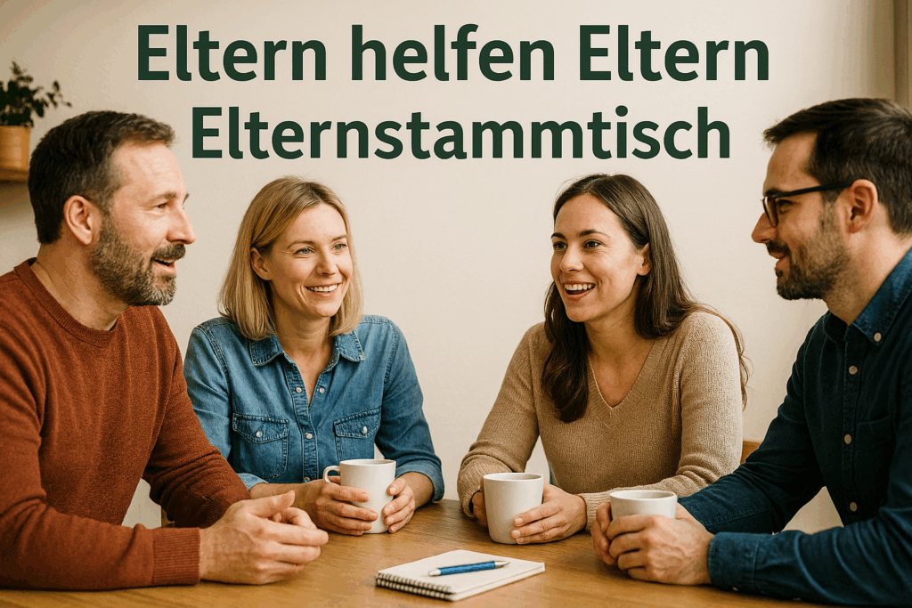 Mehrere Eltern sitzen an einem Tisch, teilweise mit Tassen in der Hand. Auf dem Tisch liegen auch Schreibutensilien. Sie sprechen miteinander. Oben im Bild steht der Text: Eltern helfen Eltern – Elternstammtisch.