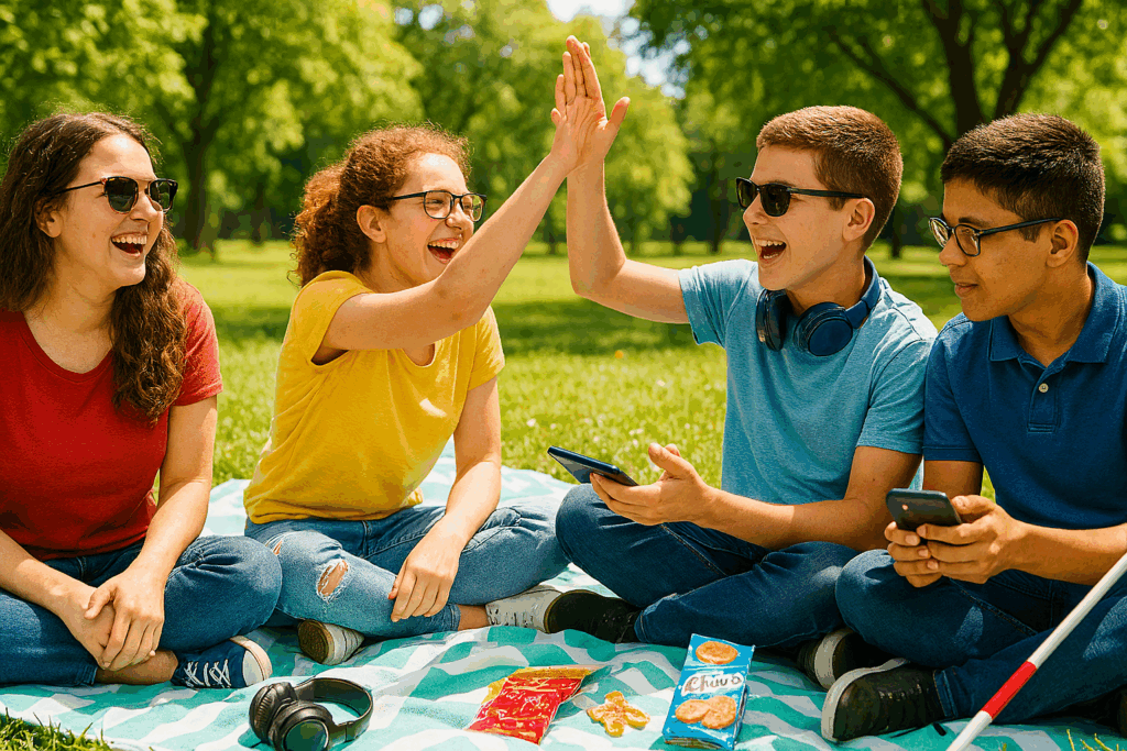 Mehrere Jugendliche machen Picknick auf einer Decke in einem Park. Sie erzählen ausgelassen miteinander und lachen. Einige tragen Brillen. Auf der Decke liegen Knabbergebäck, Telefone und ein Blindenstock.