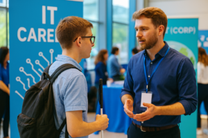 Ein Jugendlicher mit kurzem Haar, Brille, Rucksack und weißem Langstock steht auf einer Ausbildungsmesse und spricht mit einem Vertreter eines IT-Unternehmens. Beide stehen vor einem blauen Messestand mit der Aufschrift „IT Career“. Im Hintergrund bewegen sich weitere Menschen zwischen unterschiedlichen Ständen. Die Farben im Bild wirken hell und frisch, und die Szene vermittelt einen offenen, informativen Charakter.