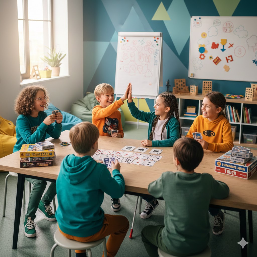 Eine Gruppe lachender Kinder sitzt an einem Tisch und spielt ein taktiles Kartenspiel. Zwei Kinder geben sich freudig ein High-Five.