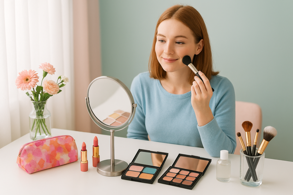 Eine Jugendliche sitzt an einem weißen Tisch in einem hellen, freundlichen Raum und schminkt sich vor einem kleinen Standspiegel. Auf dem Tisch stehen Lippenstifte, Lidschattenpaletten, Schminkpinsel in einem Glas, ein Fläschchen sowie eine bunte Kosmetiktasche. Pastellfarben, Blumen und weiches Tageslicht schaffen eine ruhige, alltagsnahe Atmosphäre.