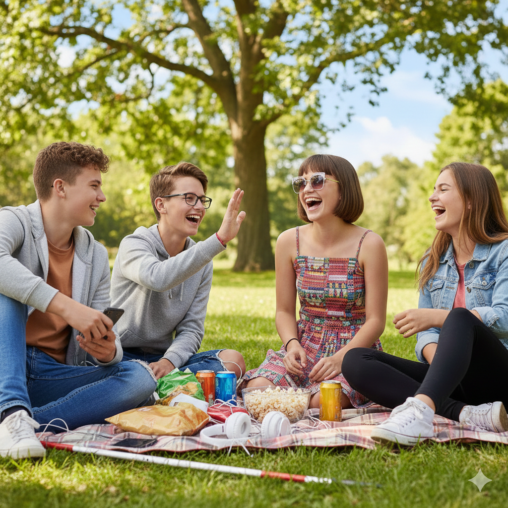Mehrere Jugendliche machen Picknick auf einer Decke in einem Park. Sie erzählen ausgelassen miteinander und lachen. Einige tragen Brillen. Auf der Decke liegen Knabberein, Getränkedosen, Kopfhörer und ein Blindenstock.