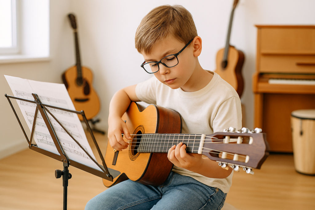 In einem hellen und gemütlichen Musikzimmer sitzt ein Kind mit Brille auf einem Hocker und übt auf einer Gitarre. Das Kind schaut konzentriert auf seine Hand, die die Saiten zupft. Direkt davor steht ein Notenständer mit Gitarrennoten, die beim Spielen helfen. Im Hintergrund hängen mehrere Gitarren an der Wand. Auf der rechten Seite stehen ein kleines Klavier und eine Trommel. Der Raum wirkt ordentlich, warm und einladend.