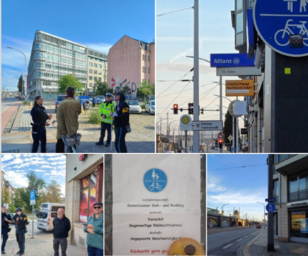 Das Bild zeigt verschiedene Verkehrsraumabschnitte vor dem SFZ Dresden. Die Polizei befragt Passanten zur Verkehrsraumnutzung bzw. zu möglichen Verkehrsraumeinschränkungen durch Fahrradfahrer.